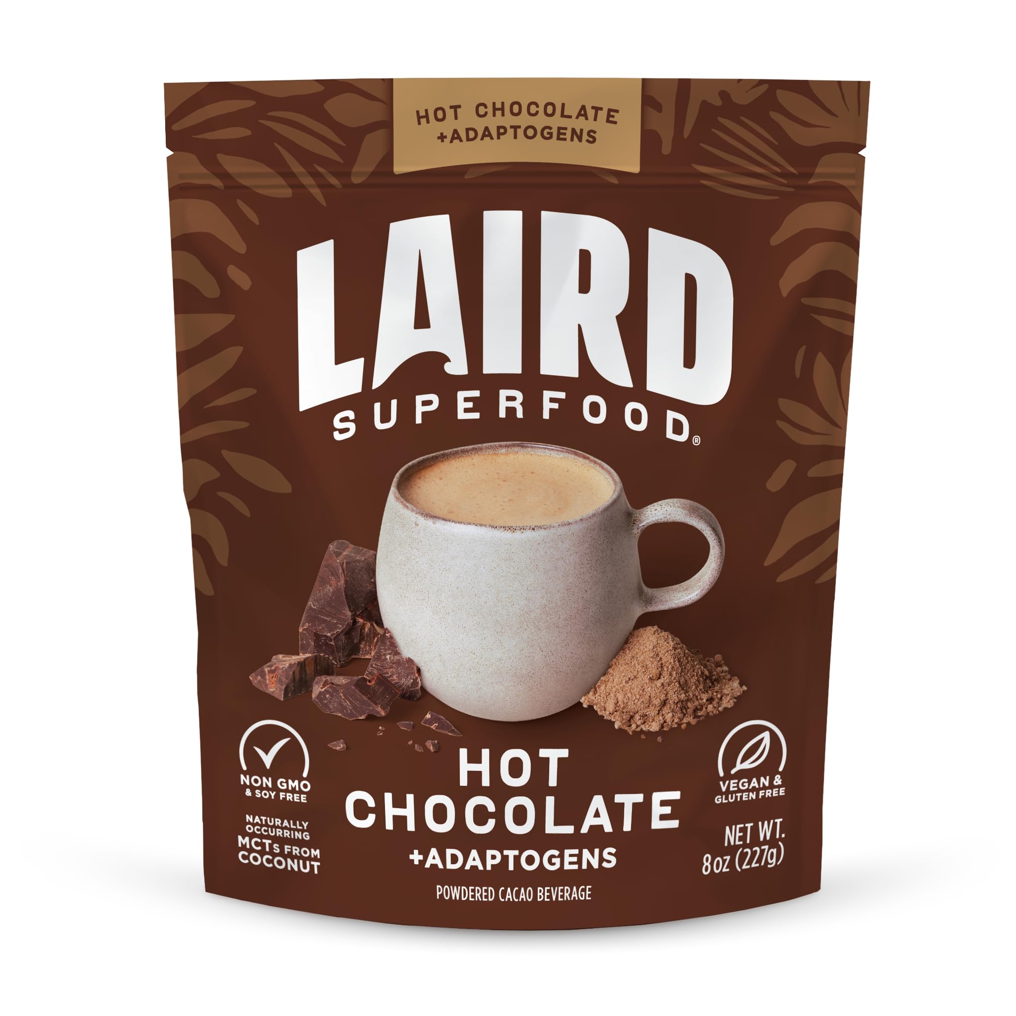 Laird Superfood hot chocolate front packaging, showcasing organic cacao for daily nourishment.