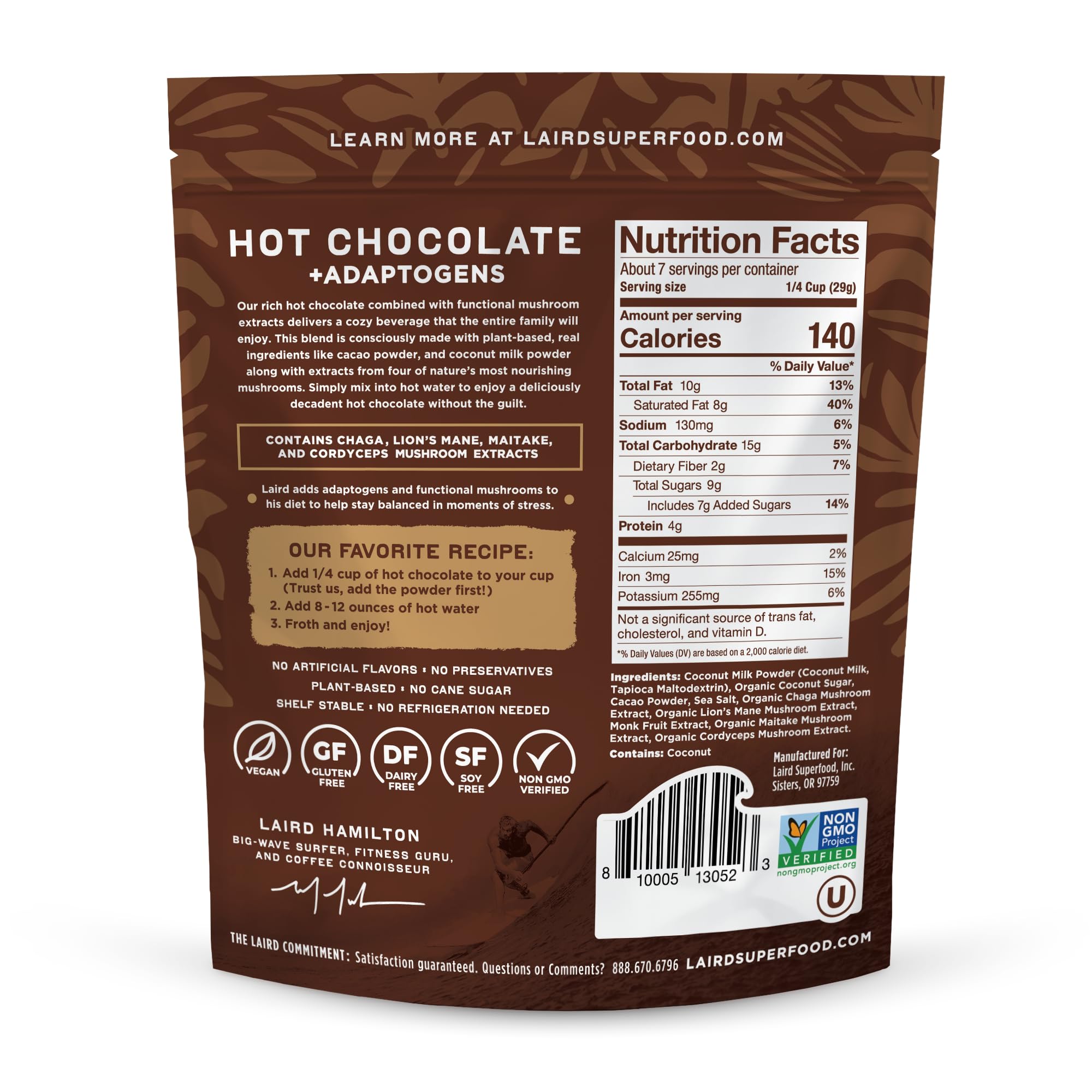 Laird Superfood hot chocolate ingredients panel highlights dairy-free vegan formula.