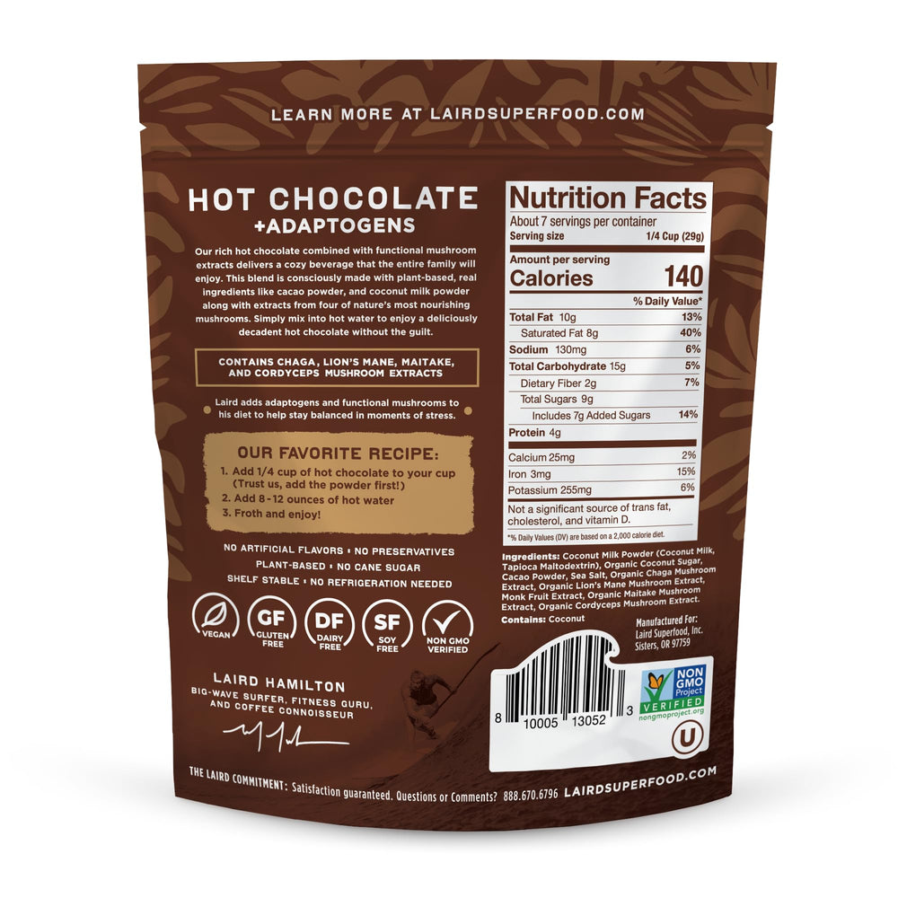 Laird Superfood hot chocolate ingredients panel highlights dairy-free vegan formula.