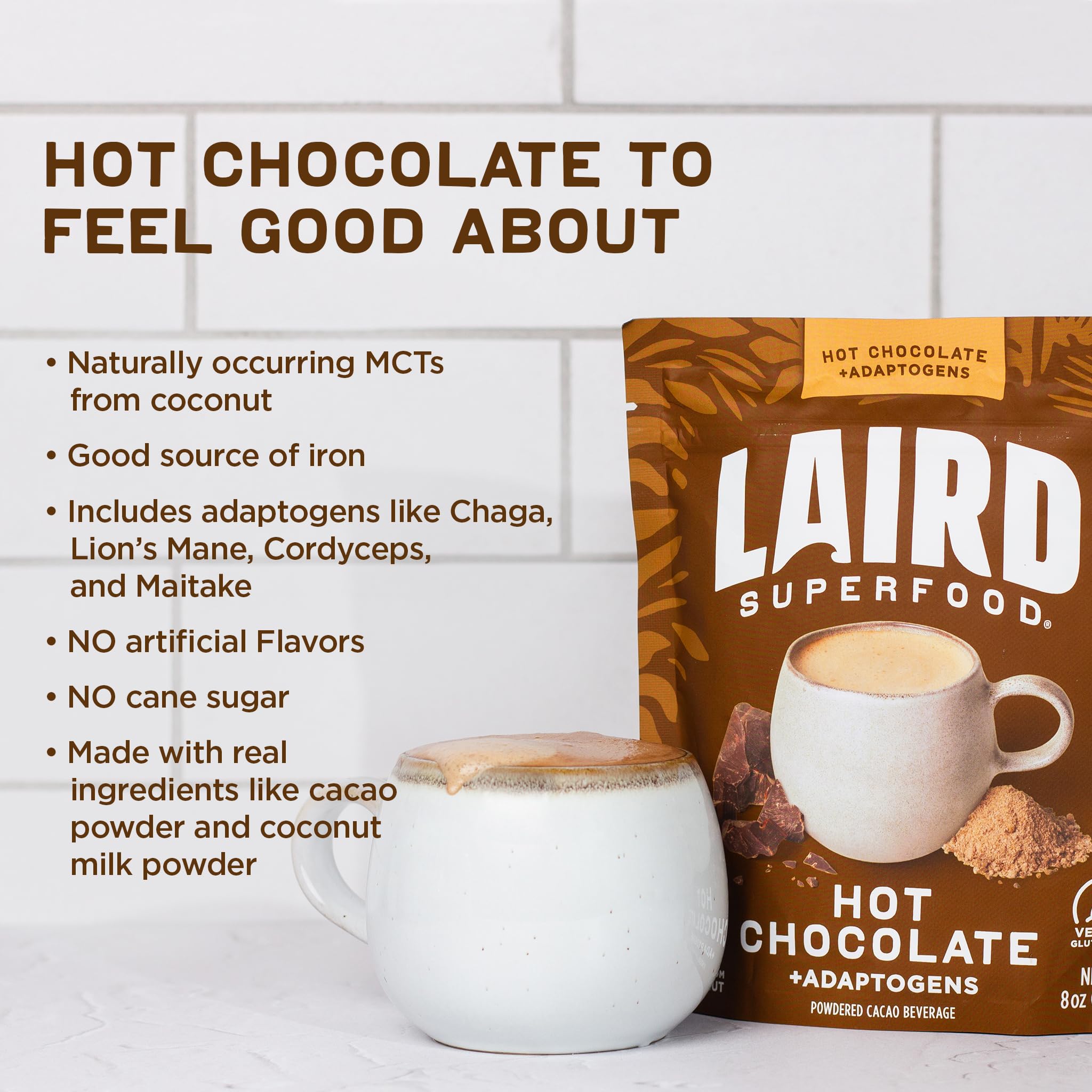 Laird Superfood hot chocolate mushroom blend visual communicates functional benefits.