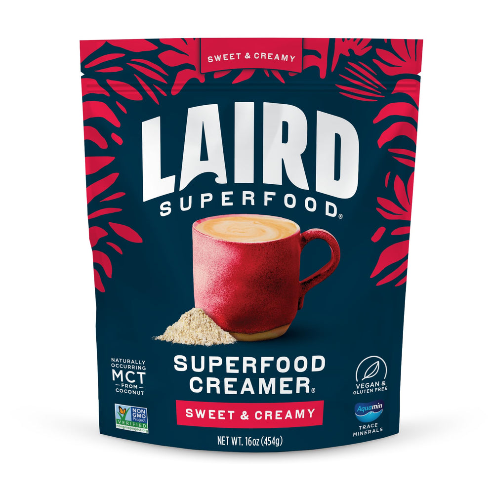 Laird Superfood non-dairy coconut powder creamer bag for coffee—dairy-free and shelf-stable.