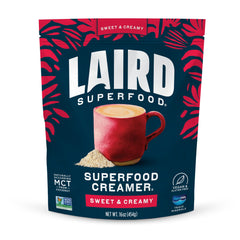 Laird Superfood non-dairy coconut powder creamer bag for coffee—dairy-free and shelf-stable.