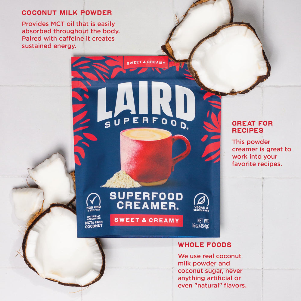 Laird Superfood coconut powder creamer label shows organic coconut oil and coconut sugar.