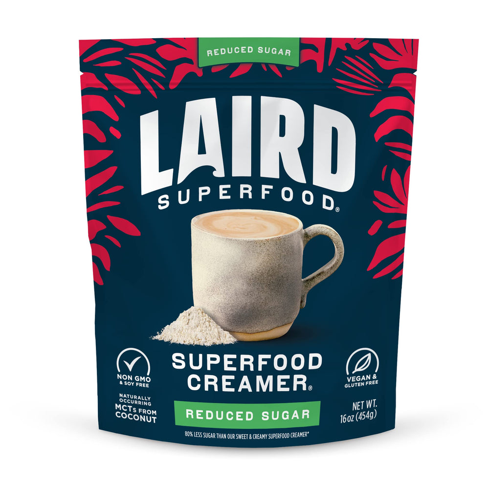 Laird Superfood non-dairy creamer bag on counter for shelf-stable convenience