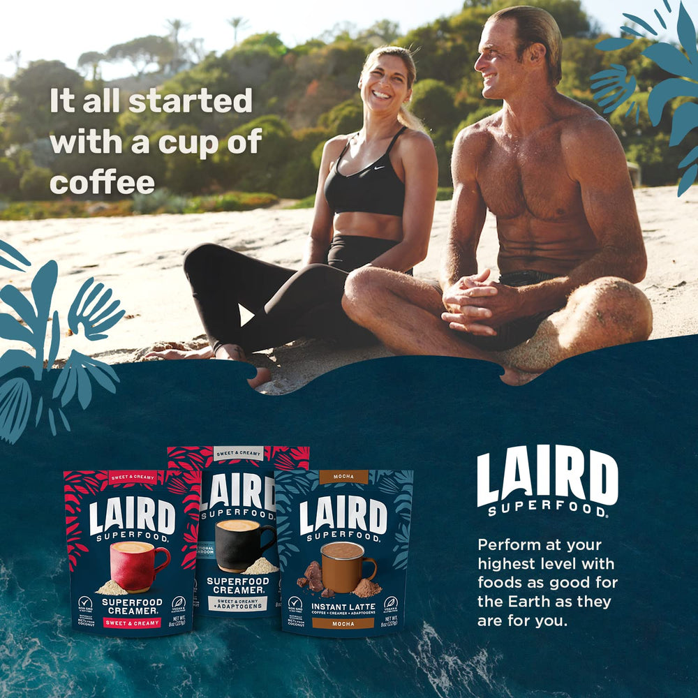 Laird Superfood open pouch showing powder texture for addition to drinks.