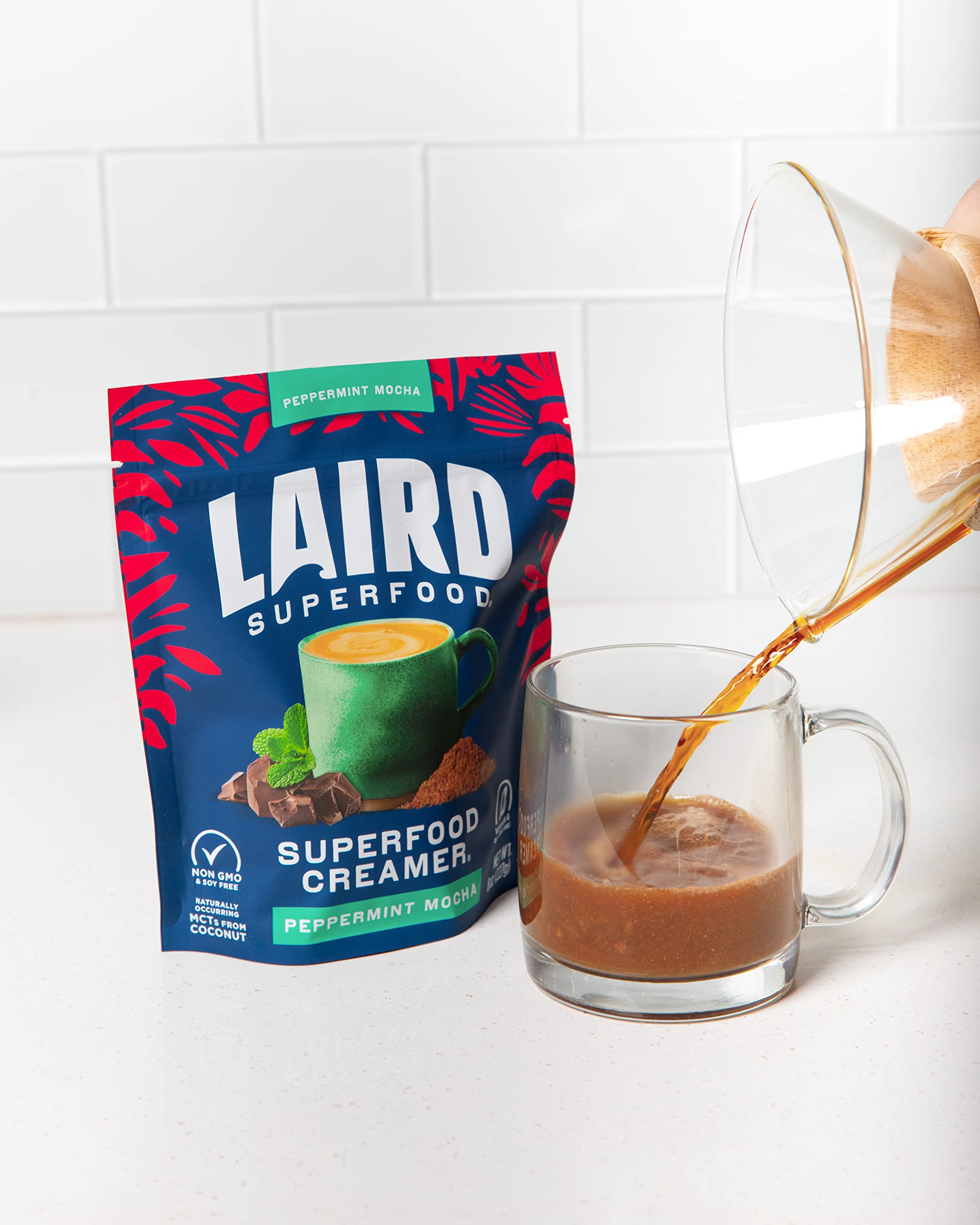 Ingredients displayed: coconut milk powder, cacao, peppermint oil for natural flavor