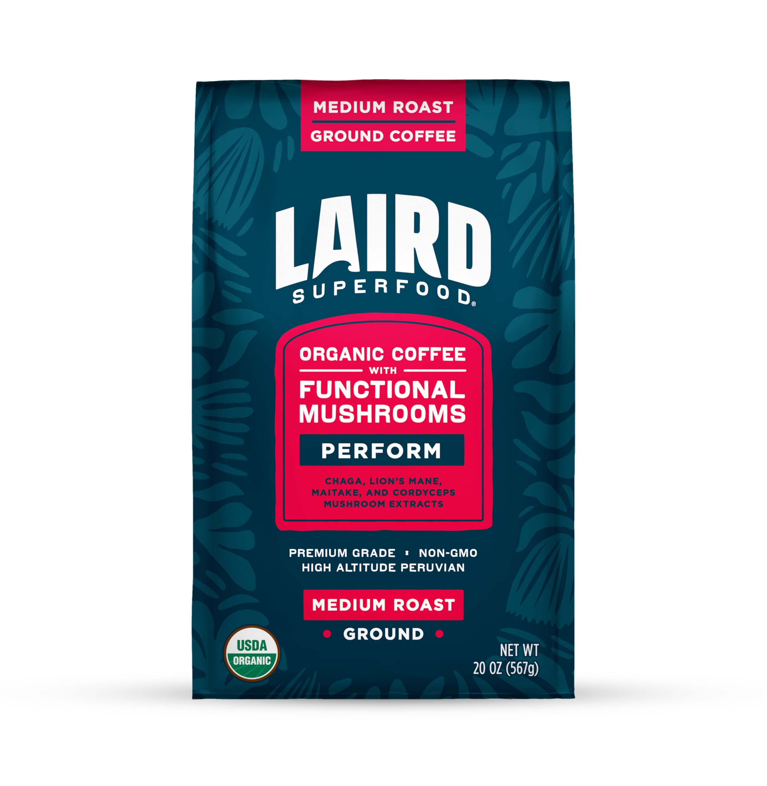 Laird Superfood Peruvian Medium Roast Coffee with mushrooms for focused mornings and balanced energy