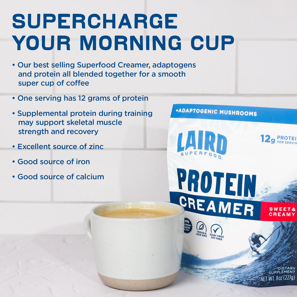Laird Superfood Protein Creamer bag being opened for easy use