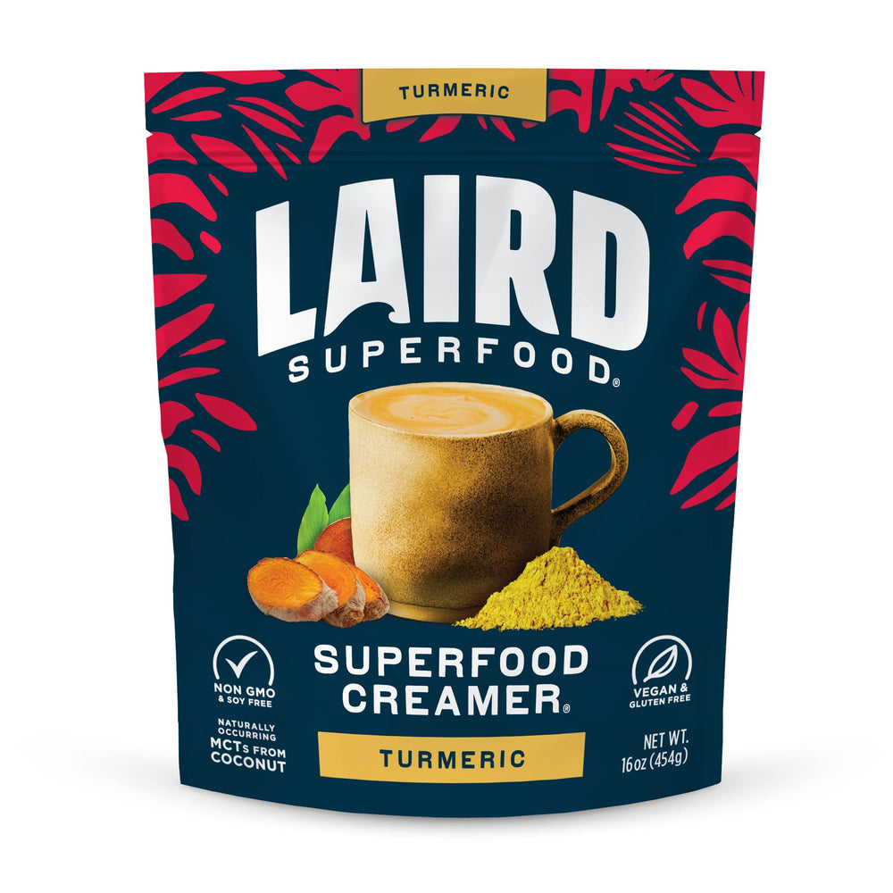 Laird Superfood turmeric coconut creamer bag showcasing dairy-free ingredients and coconut milk powder.