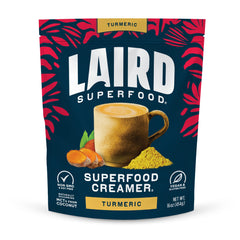 Laird Superfood turmeric coconut creamer bag showcasing dairy-free ingredients and coconut milk powder.