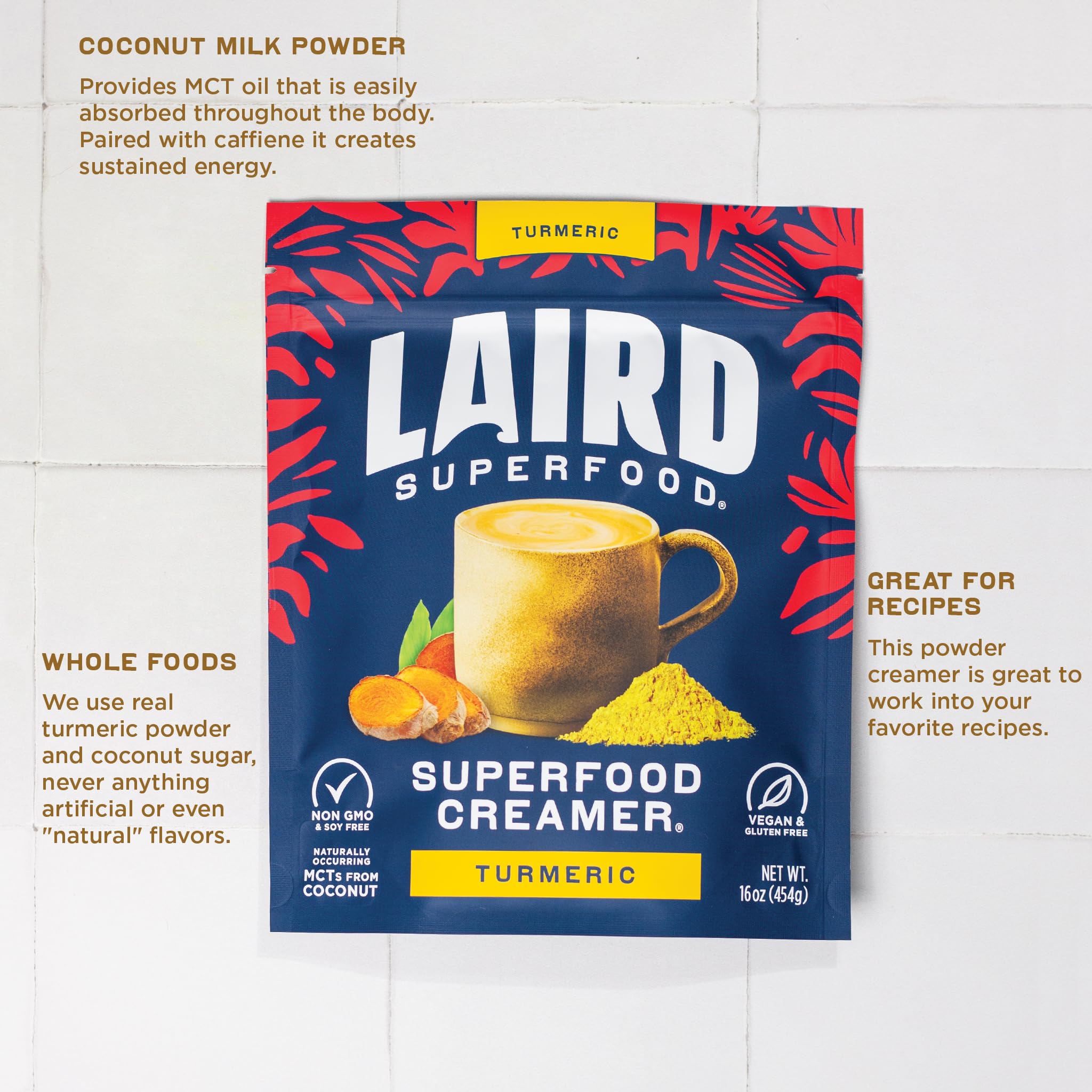 Coconut milk powder and turmeric ingredients displayed as clean, all-natural components.