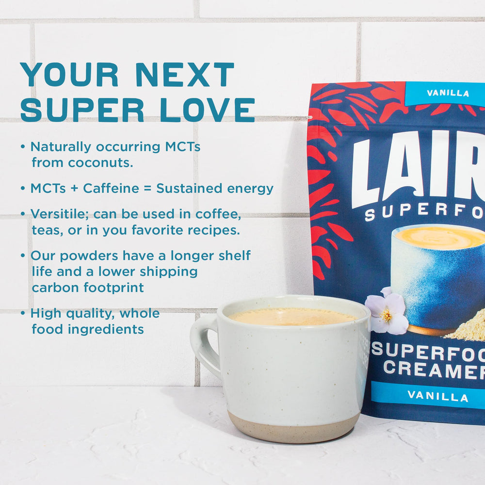 Laird Superfood Vanilla Coconut Creamer cup of coffee with creamy aroma.