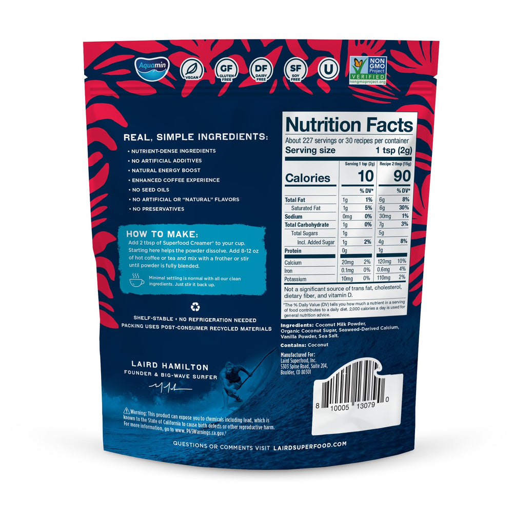 Laird Superfood Vanilla Coconut Creamer pack emphasizes shelf-stable vegan convenience.