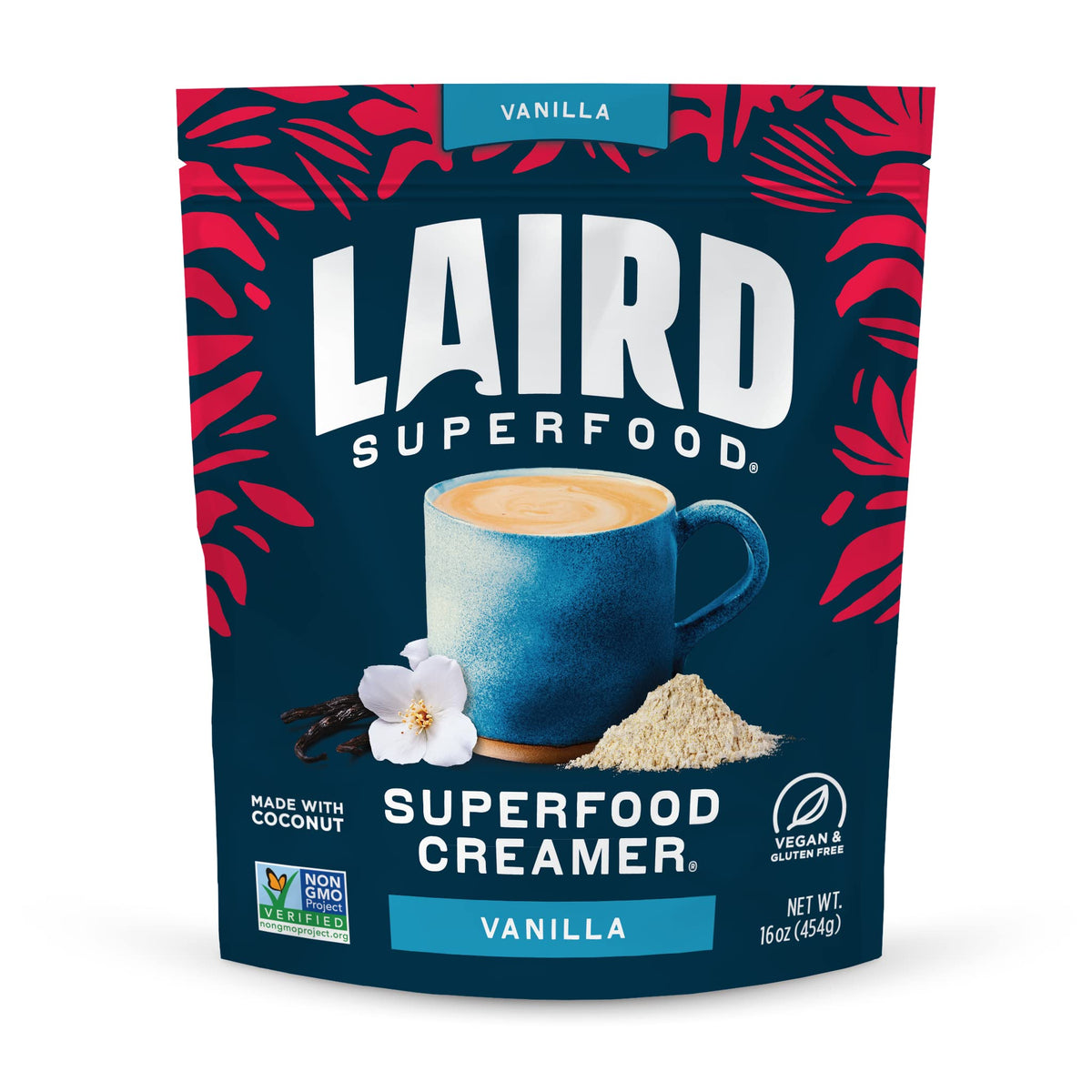 Laird Superfood Vanilla Coconut Creamer jar shows dairy-free coffee option.
