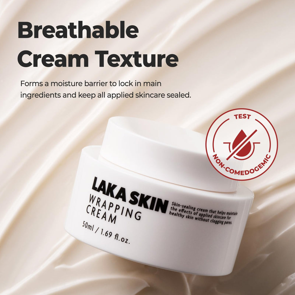 Laka Skin Wrapping Cream jar and spread emphasizes plump hydration and glow.