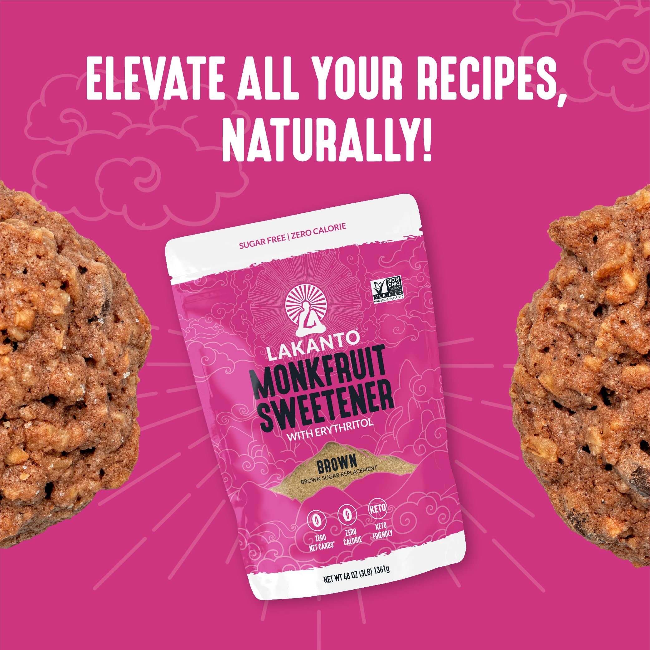 Lakanto brown monk fruit sweetener bag emphasizes versatile brown sugar substitute