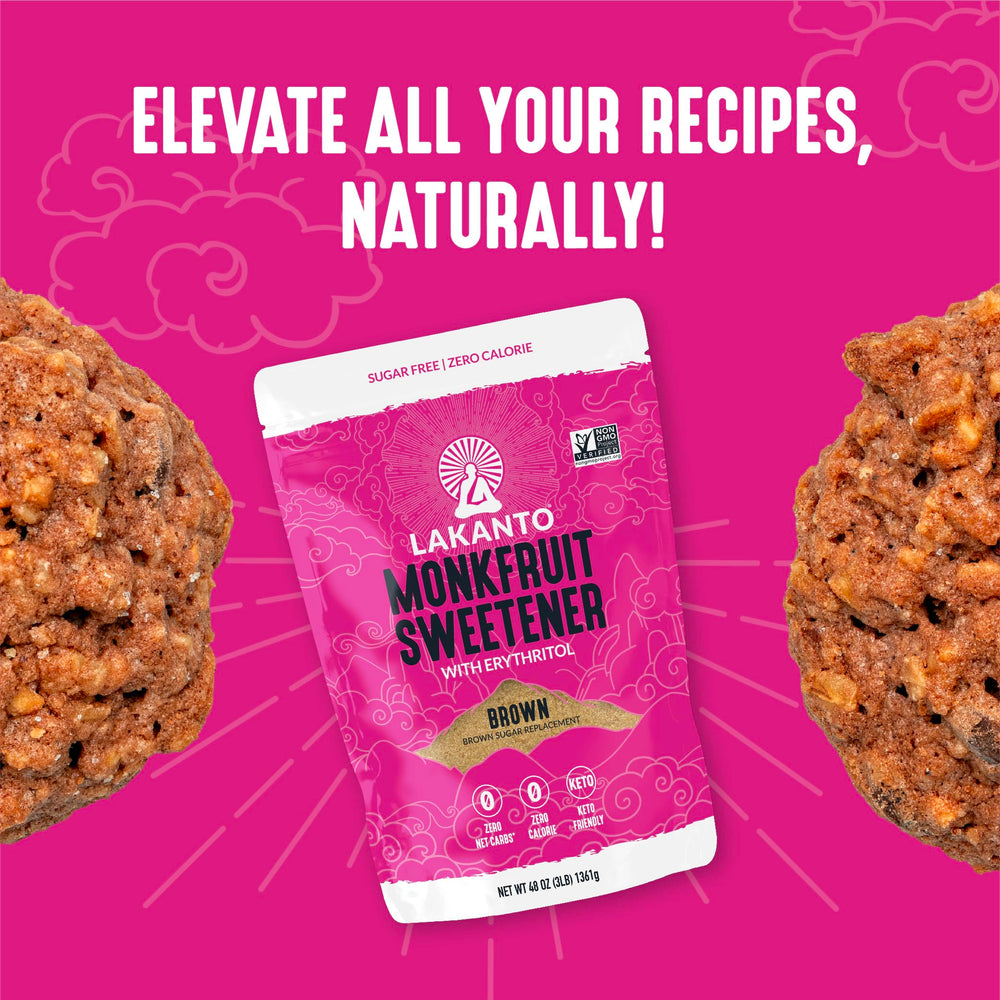 Lakanto brown monk fruit sweetener bag emphasizes versatile brown sugar substitute