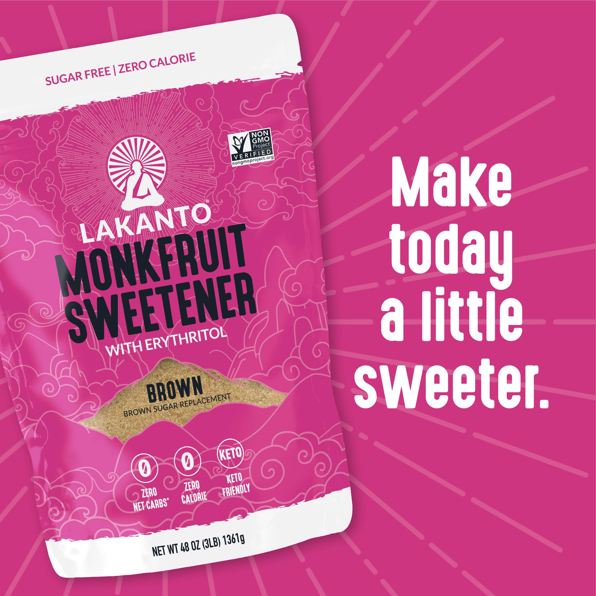 Lakanto brown monk fruit sweetener ingredients list featuring monk fruit and erythritol