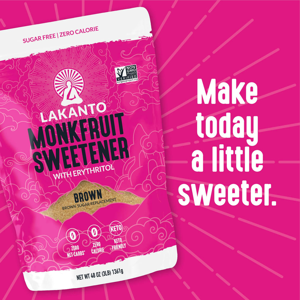 Lakanto brown monk fruit sweetener ingredients list featuring monk fruit and erythritol