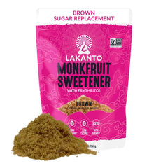 Lakanto Brown Monk Fruit Sweetener jar shows zero calorie sugar substitute ideal for baking