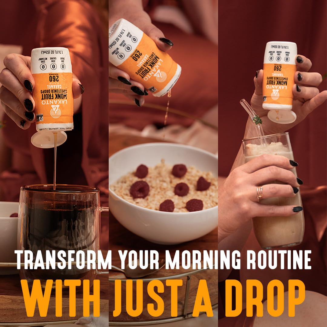 Cup of tea with Lakanto Caramel Drops for smooth caramel note
