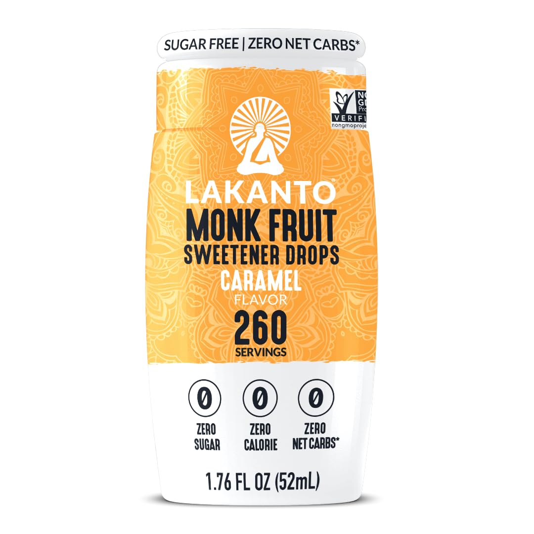 Lakanto Caramel Monk Fruit Drops bottle showing zero sugar caramel sweetness