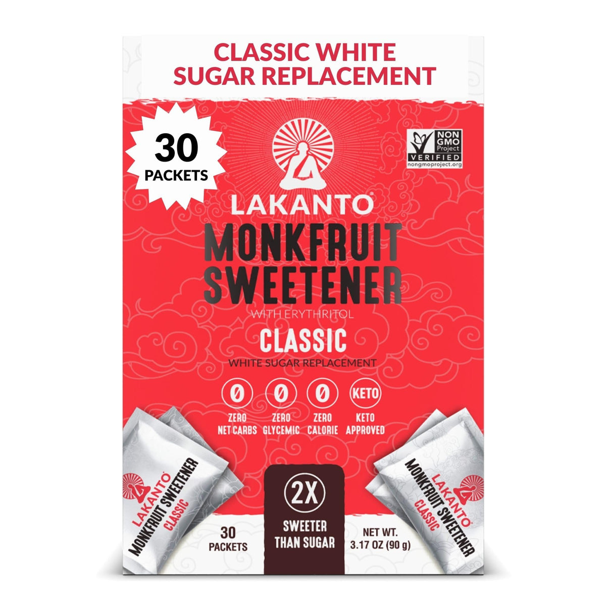 Lakanto Classic Monkfruit Packets close-up showing zero-calorie sweetener for versatile use.