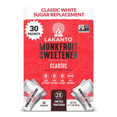 Lakanto Classic Monkfruit Packets close-up showing zero-calorie sweetener for versatile use.