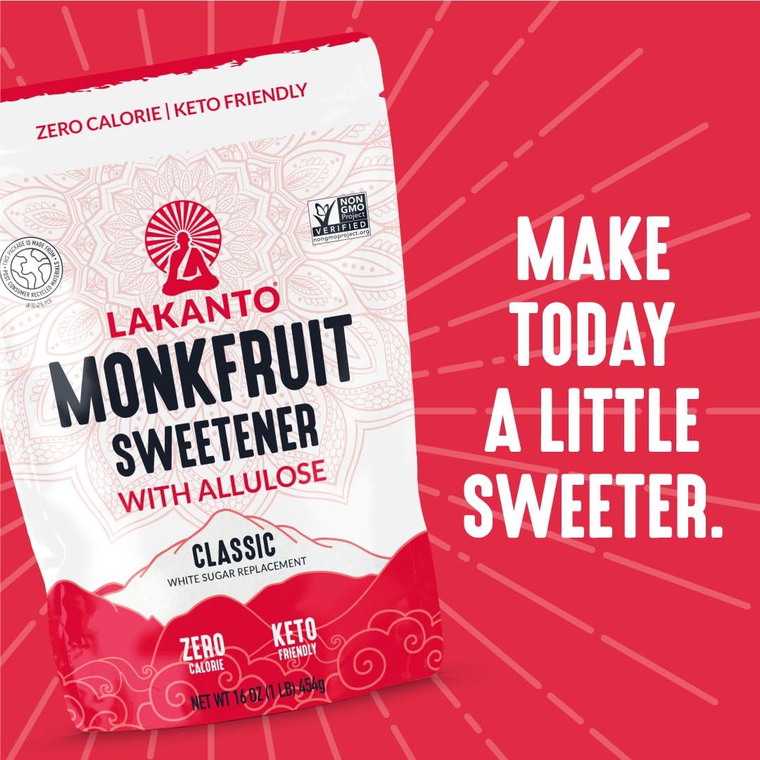Close-up of the Lakanto Classic Monkfruit Sweetener nutrition label.