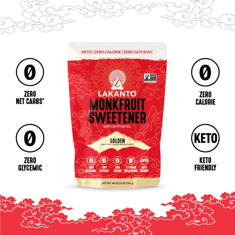 Ingredients label on Lakanto Golden Monk Fruit Sweetener highlighting monk fruit and erythritol