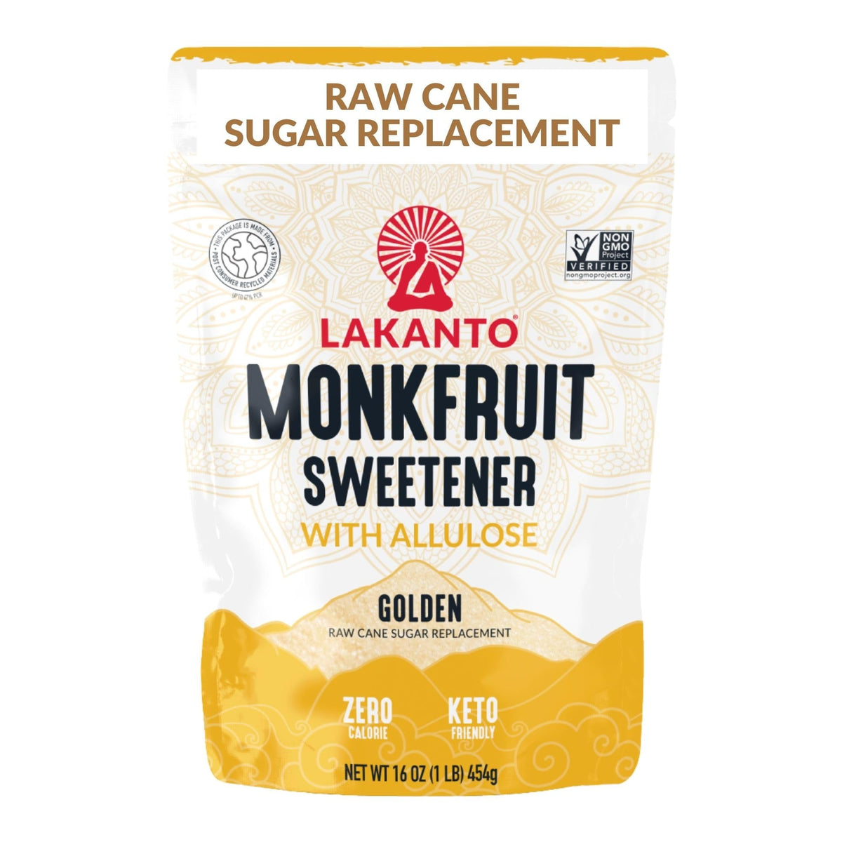 Lakanto Golden Monkfruit Sweetener 1 lb bag packaging for convenient keto sugar replacement