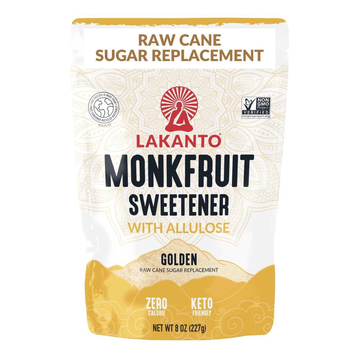 Lakanto Golden Monkfruit Sweetener bottle pour demonstrates calorie-free sweetness for drinks.