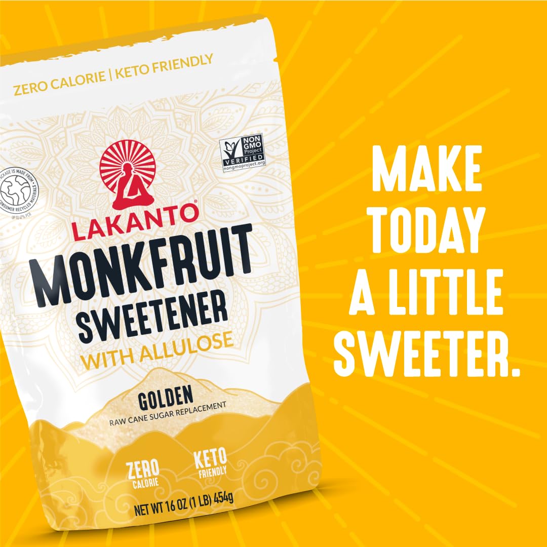 Lakanto Golden Monk Fruit Sweetener label highlighting gluten-free and keto-friendly features