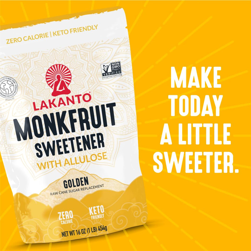 Lakanto Golden Monk Fruit Sweetener label highlighting gluten-free and keto-friendly features