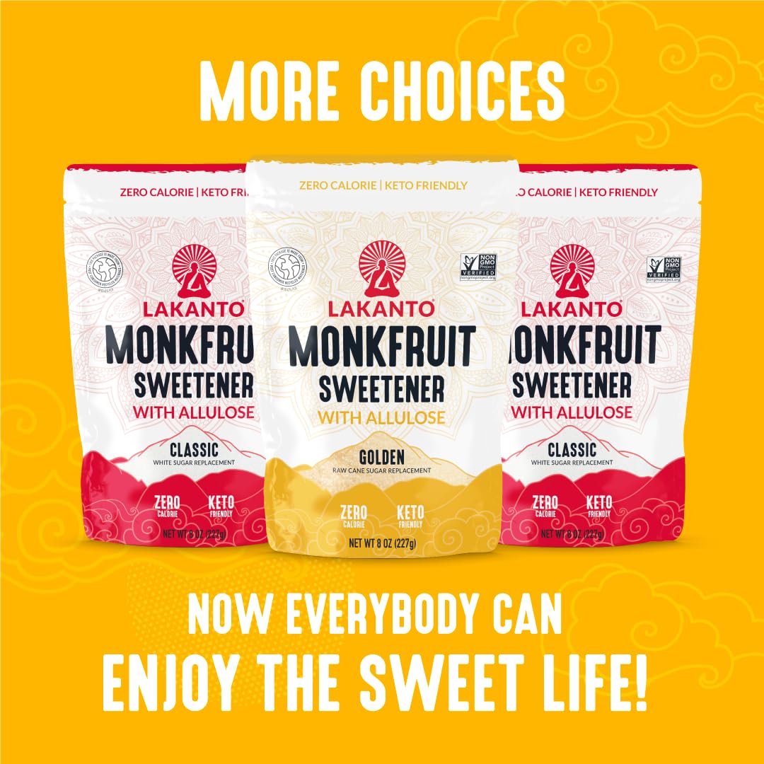 Packaging of Lakanto Golden Monkfruit Sweetener on a pantry shelf.