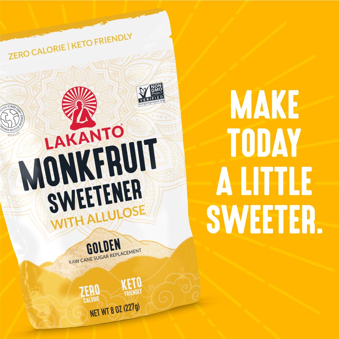 Close-up of Lakanto Golden Monkfruit Sweetener powder ready to dissolve.