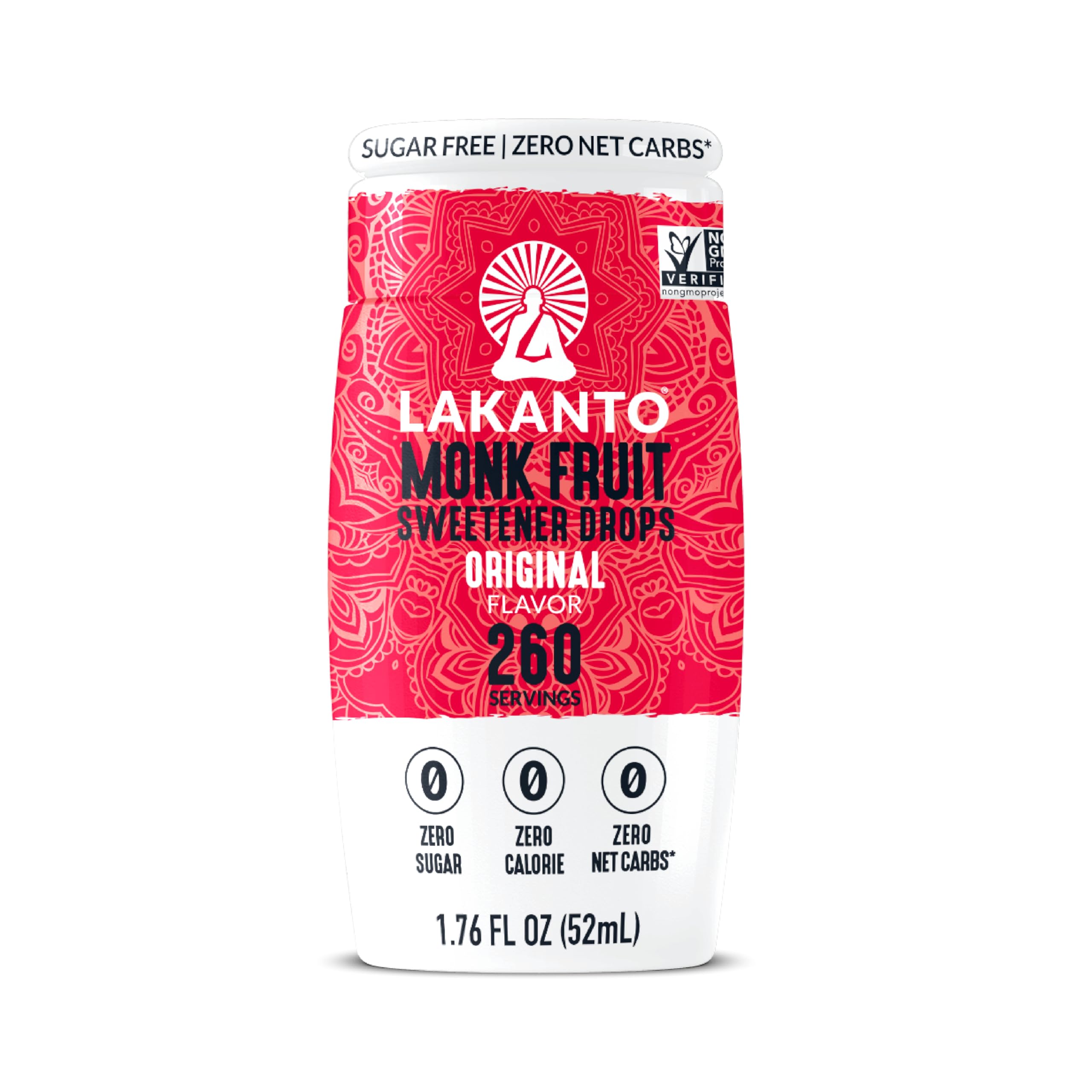 Lakanto Original Monk Fruit Drops bottle adding zero-calorie sweetness to coffee