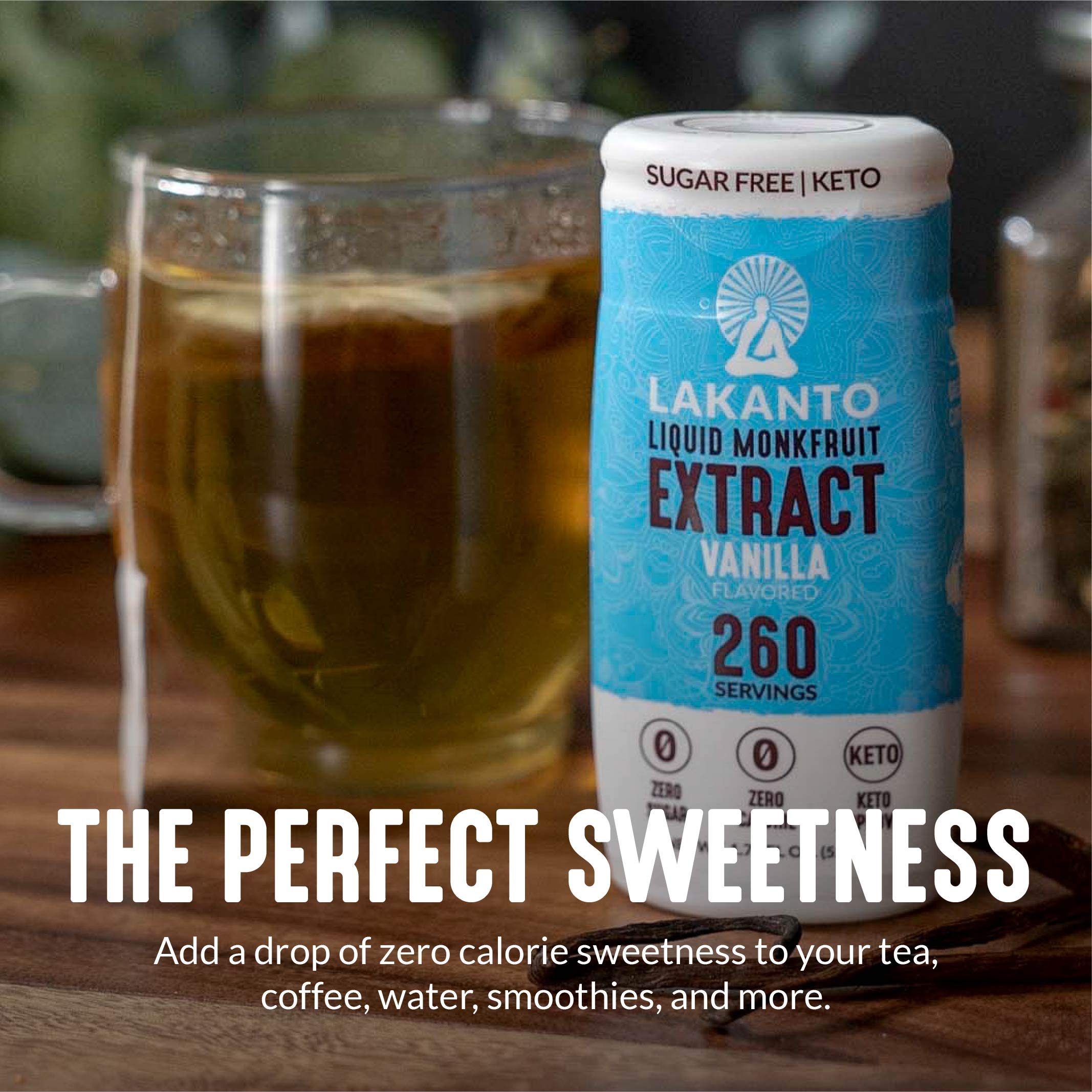 Lakanto Monk Fruit Drops coffee cup; vanilla flavor enhances hot beverages without sugar.