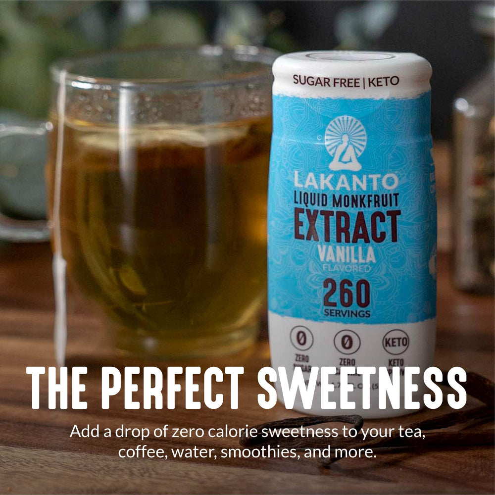 Lakanto Monk Fruit Drops coffee cup; vanilla flavor enhances hot beverages without sugar.