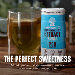 Lakanto Monk Fruit Drops coffee cup; vanilla flavor enhances hot beverages without sugar.