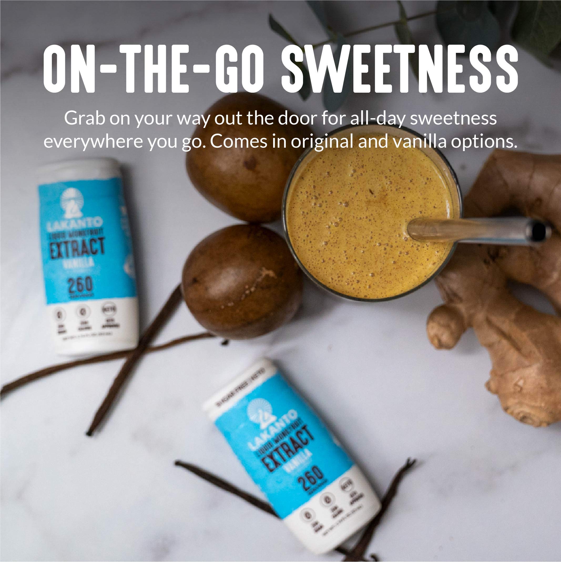 Lakanto Monk Fruit Drops on-the-go bottle; portable sugar substitute for busy mornings.