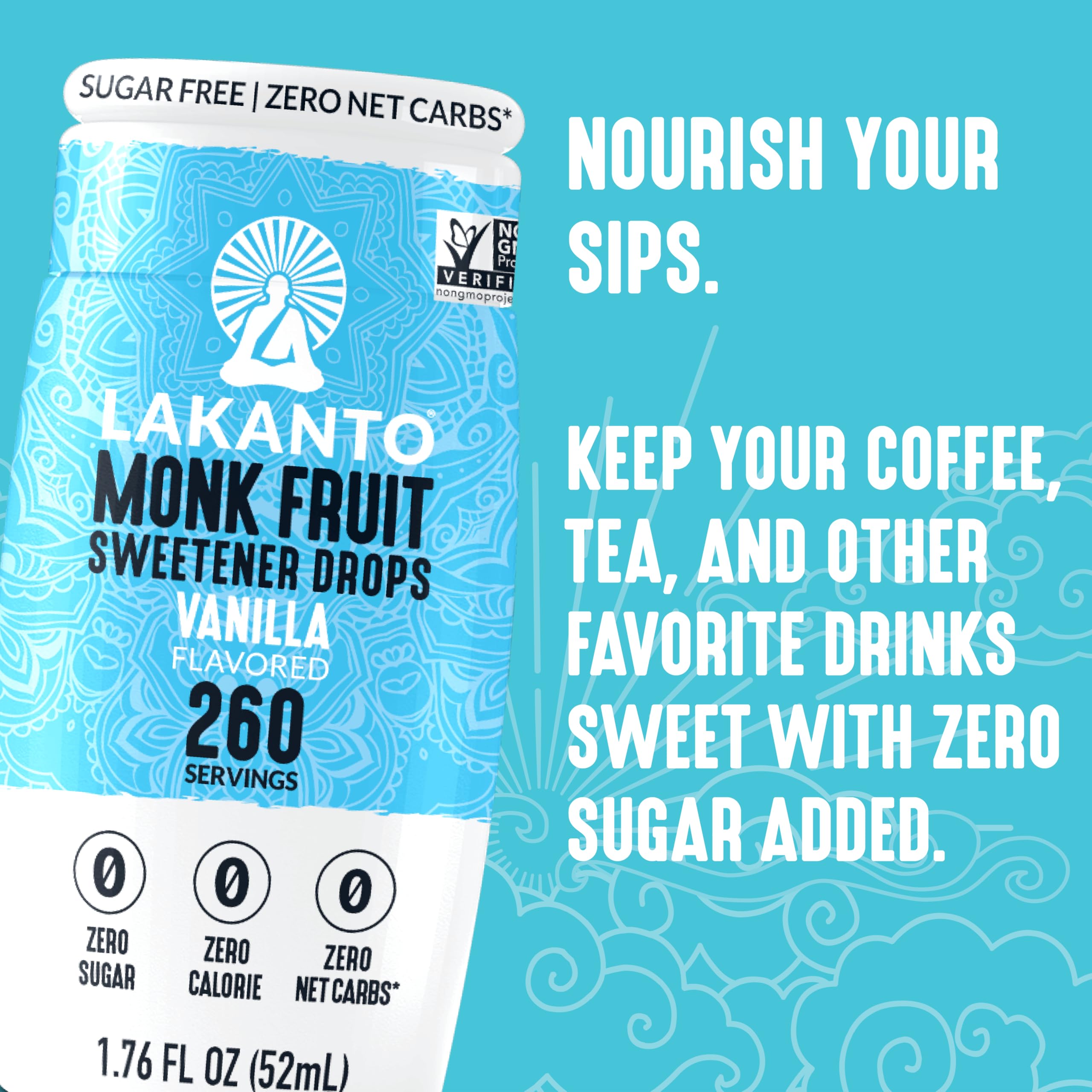 Lakanto Monk Fruit Drops tea glass; zero-calorie sweetness for herbal or black tea.