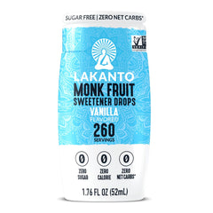 Lakanto Monk Fruit Drops vanilla bottle; zero-calorie sweetener for coffee, tea, or smoothies.