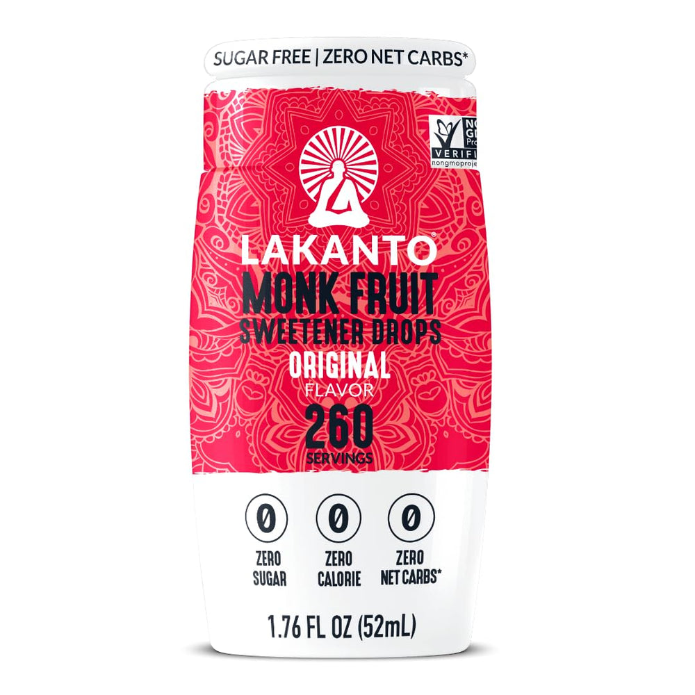 Lakanto Monk Fruit Drops Original bottle for zero-calorie sweetness in coffee.