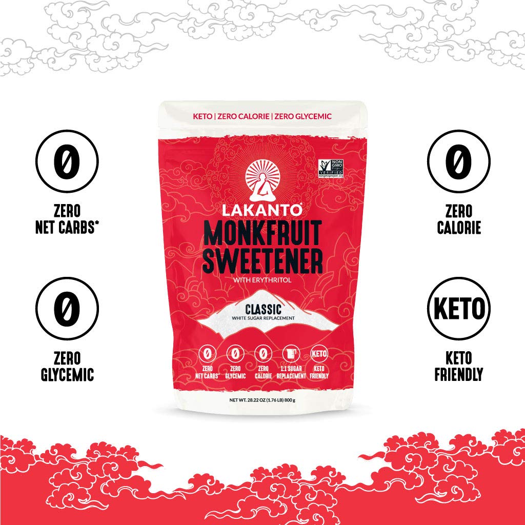 Non-GMO Lakanto monkfruit sweetener label on bottle.