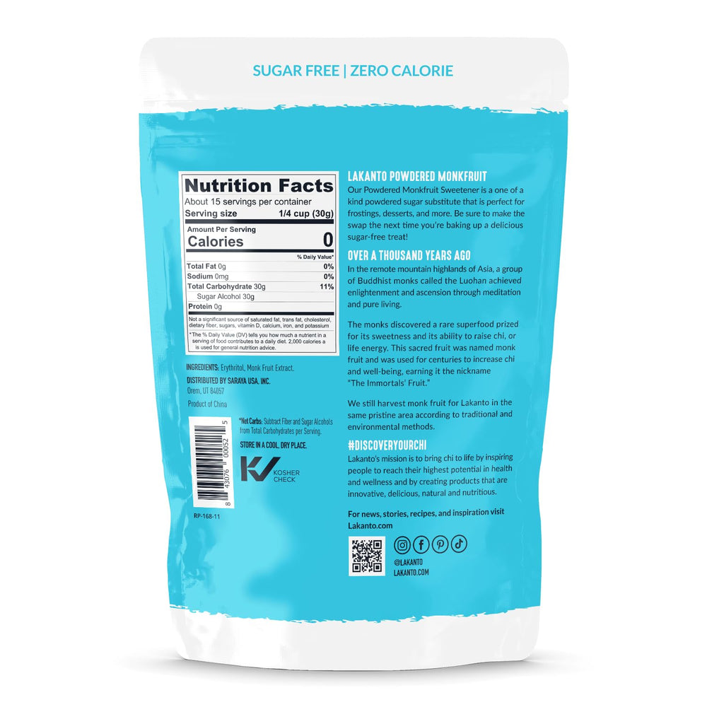 Lakanto powdered monk fruit sweetener being poured, great for coffee sweetness.