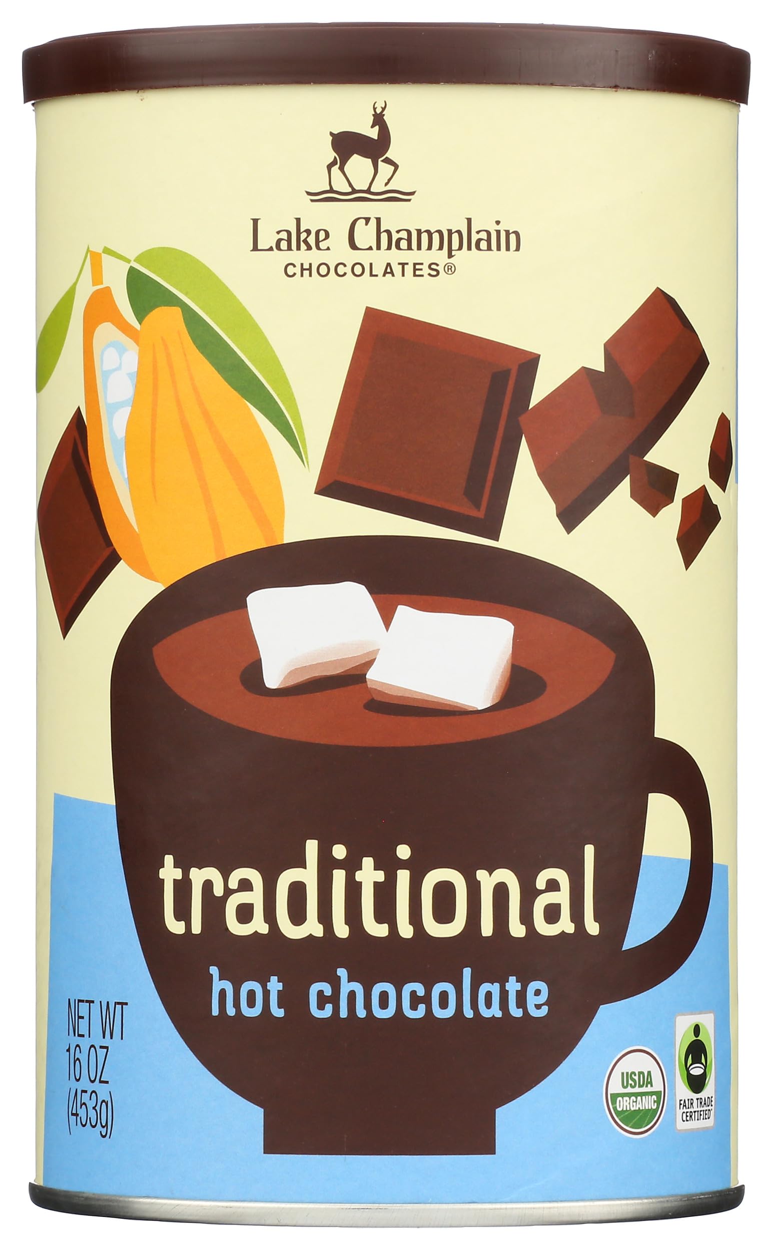 Lake Champlain Chocolates Traditional Hot Chocolate 16oz packaging with premium organic cocoa for indulgence.