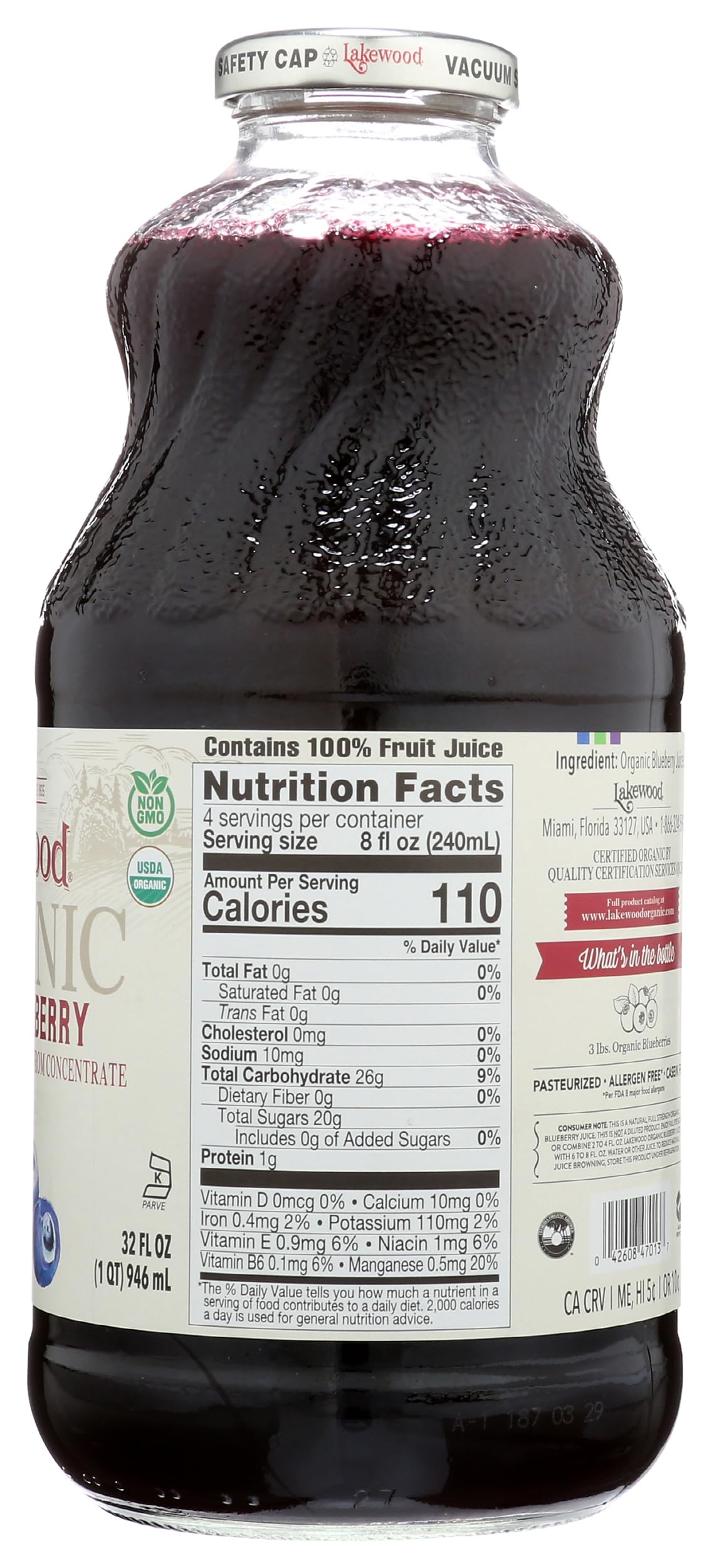 Lakewood Blueberry Juice in BPA-free glass bottle, a safe packaging choice.