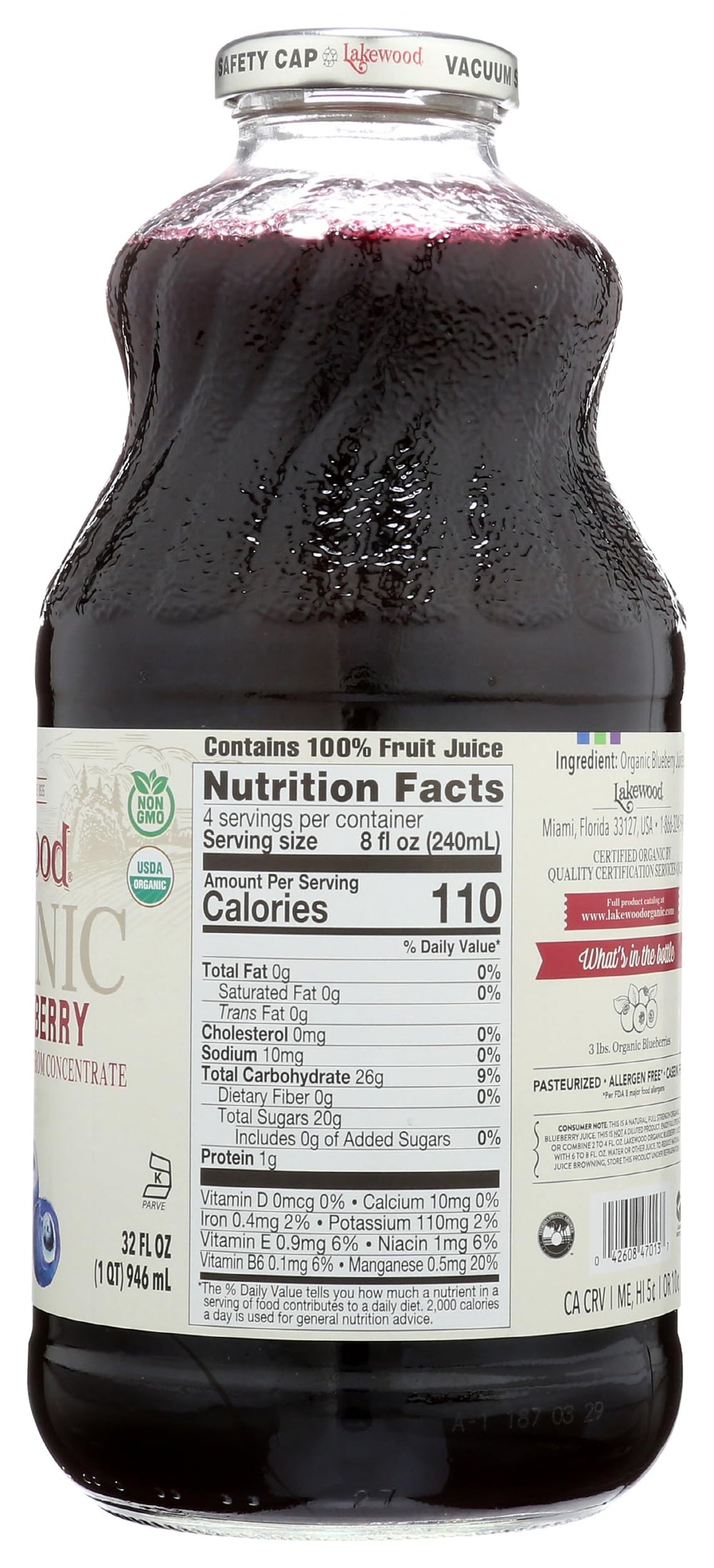 Lakewood Blueberry Juice in BPA-free glass bottle, a safe packaging choice.