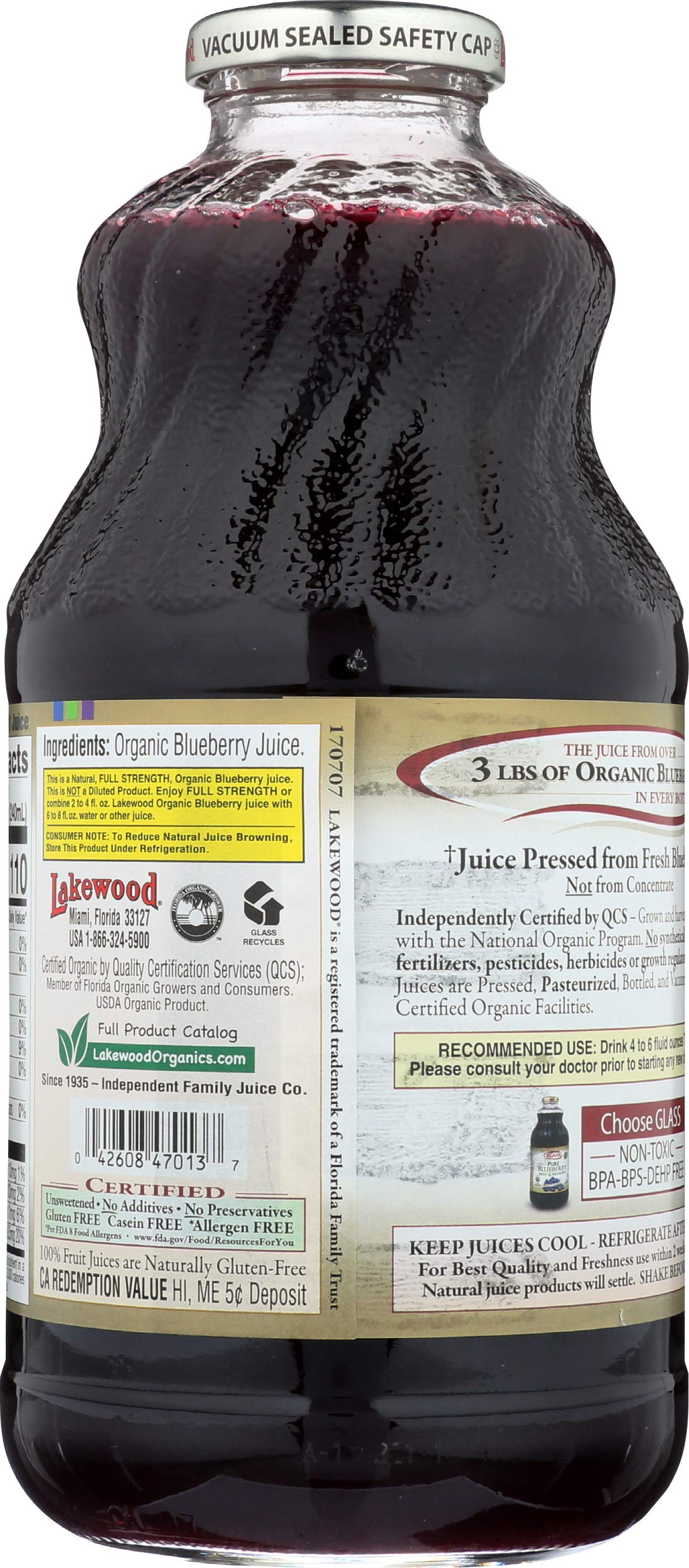 Lakewood Blueberry Juice label close-up, highlighting organic and non-GMO certification.